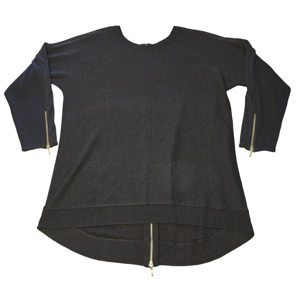 Kate & Mallory Sweater Womens Medium Black Hi-Low Gold Zip Pullover Minimalist